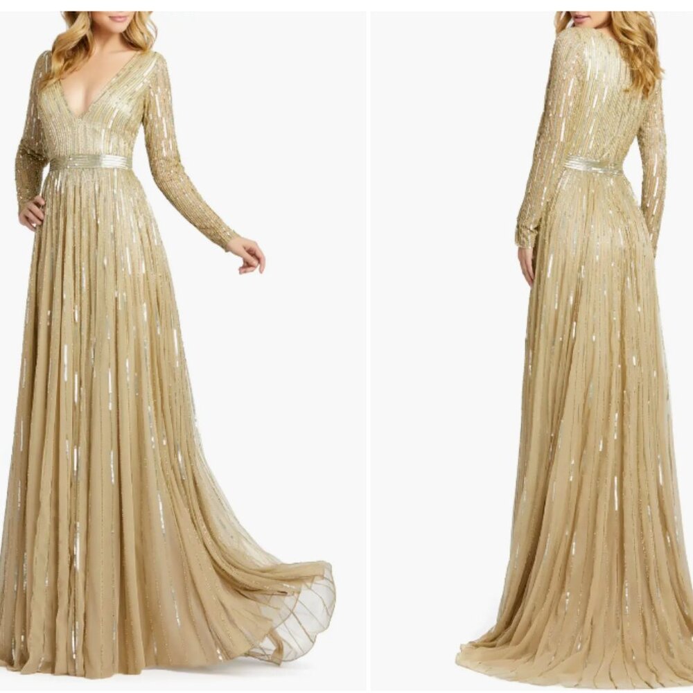 MAC DUGGAL 4977 SEQUINED V-NECK ILLUSIONS A-LINE TAUPE GOWN sz 2